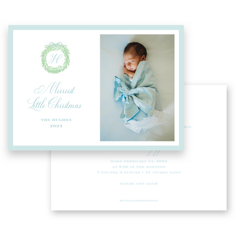 Watercolor Green Monogram Wreath with Blue Ribbon Bow Landscape Holiday Card