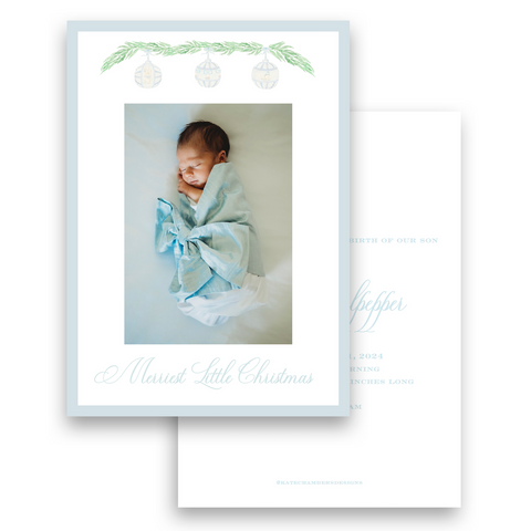 Watercolor Green Garland with Blue Ornaments Portrait Holiday Card