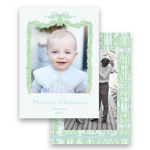 Watercolor Green Garland with Blue Ribbon Bow Portrait Holiday Card