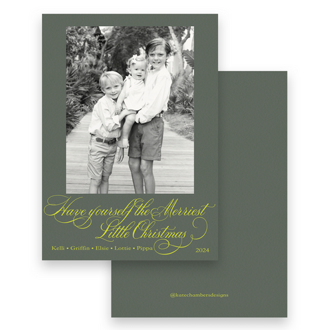 Script Forest & Chartreuse "Merriest Little Christmas" Portrait Holiday Card