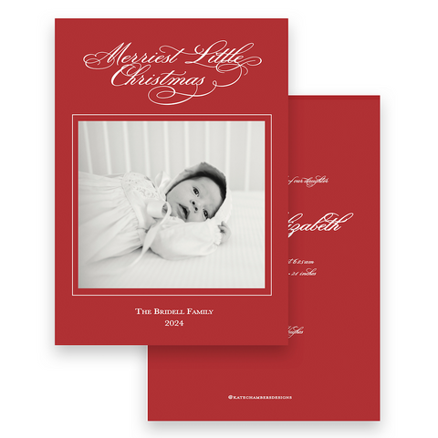 Script Red "Merriest Little Christmas" Portrait Holiday Card