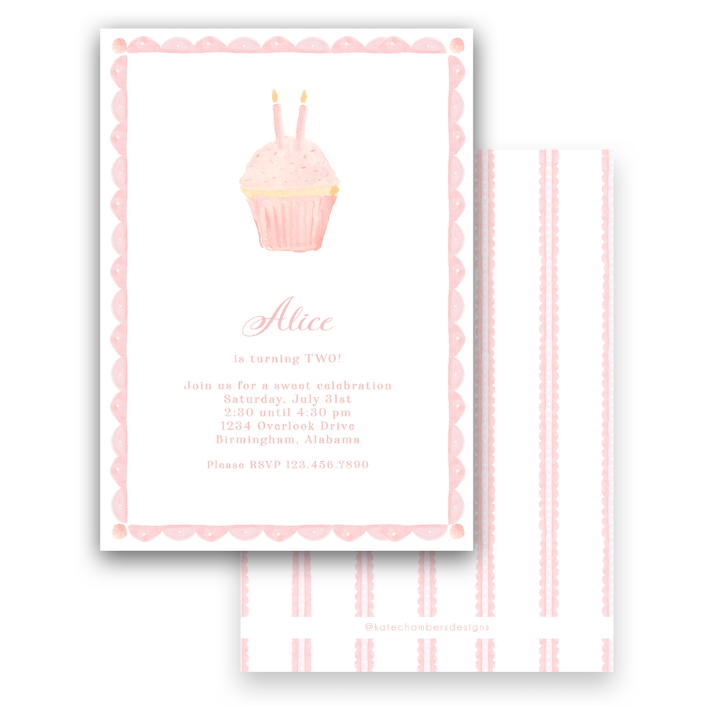 Watercolor Pink Cupcake with Scallop Border Birthday Party Invitation