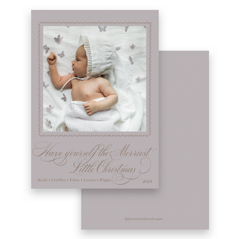 Script Lilac & Taupe "Merriest Little Christmas" Portrait Holiday Card