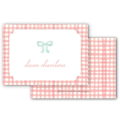 Peach Watercolor Gingham Border with Mint Bow Enclosure Card
