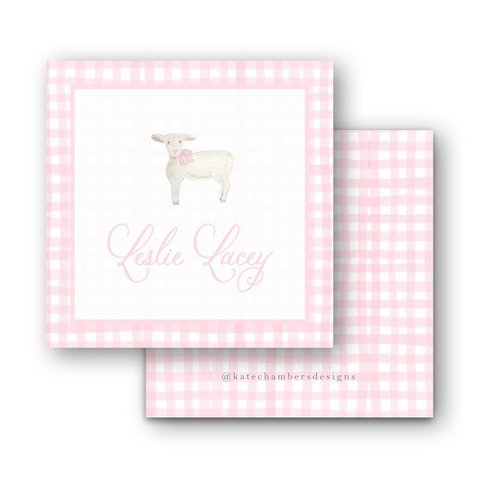 Watercolor Lamb with Pink Gingham Border Square Enclosure Card