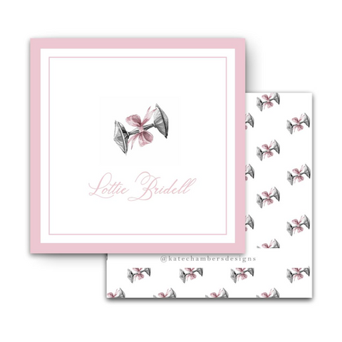 Silver Rattle with Pink Ribbon Square Enclosure Card