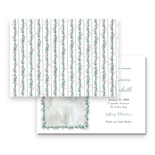 Watercolor Red Ribbon with Peach Berry Pine Garland Landscape Holiday Card / Birth Announcement