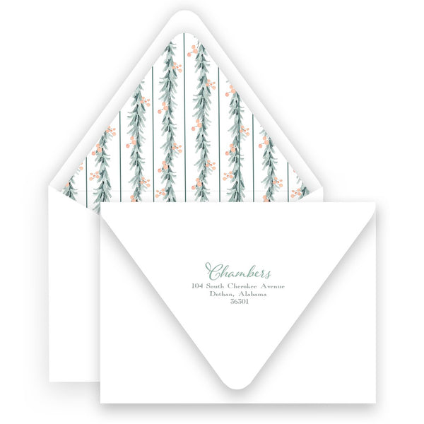Watercolor Red Ribbon with Peach Berry Pine Garland Landscape Holiday Card / Birth Announcement