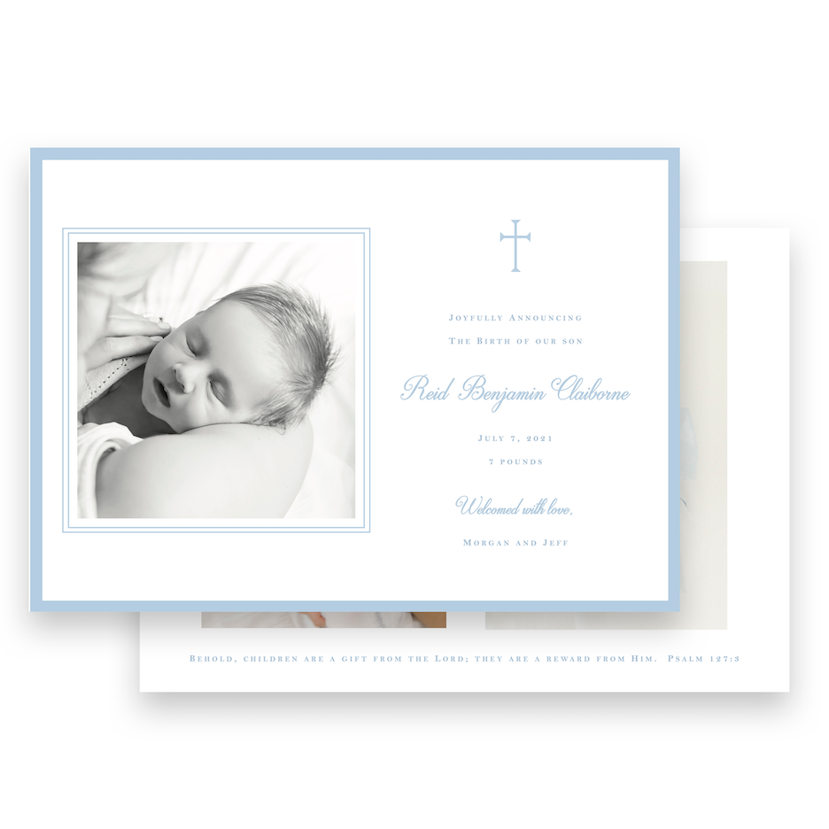 Baby selling Birth Announcement - boys blue cross - by Kate Chambers Designs