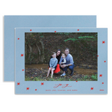 Blue with Red Stars "Joy" Landscape Foil Printed Photo Attached Holiday Card