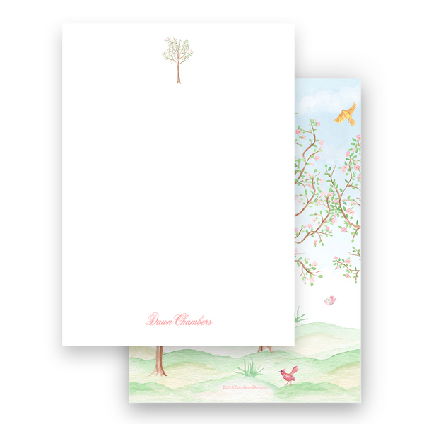 Watercolor Cherry Blossom Garden Scene Portrait Stationery