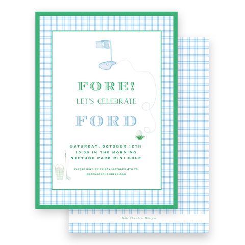 FORE! Watercolor Blue Gingham Golf Birthday Party Invitation