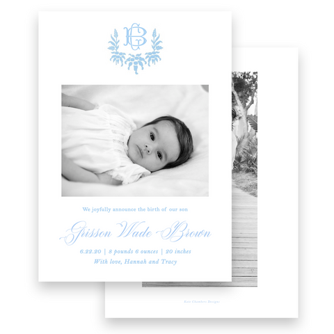 Boy's Blue Palm Monogram Wreath Birth Announcement
