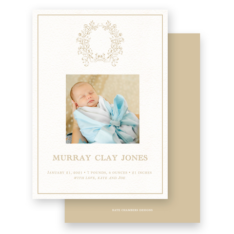Boy's Tan Vintage Wreath with Bow Birth Announcement