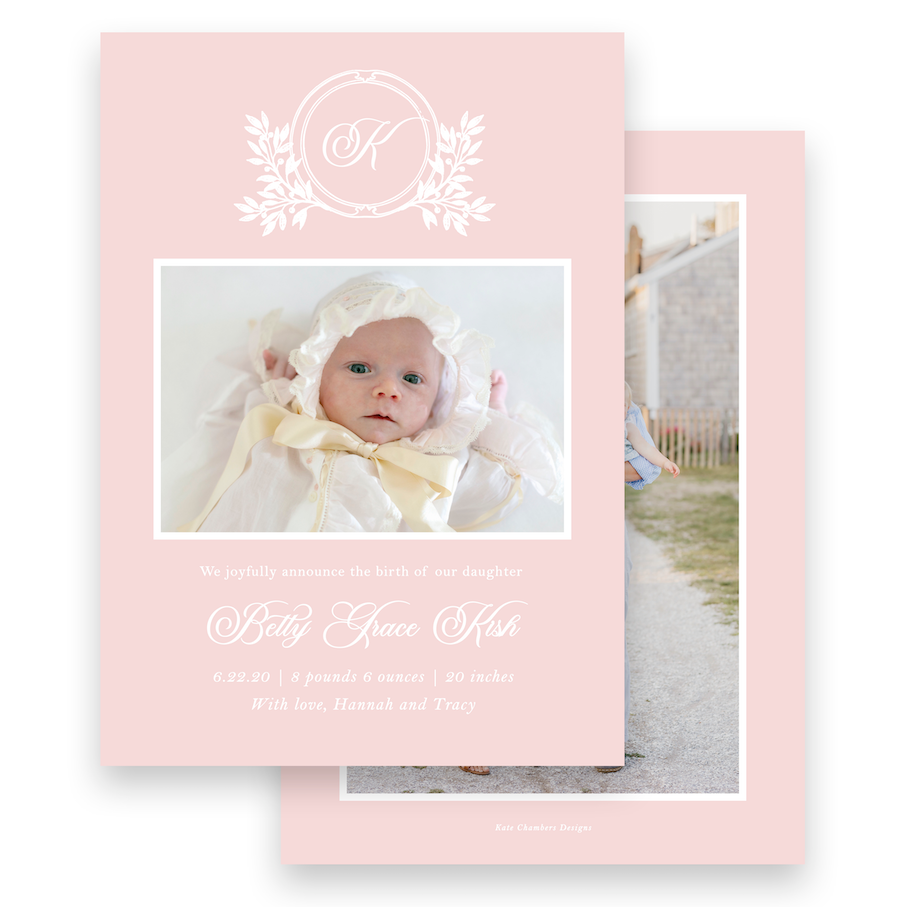 Girl's Pink Botanical Crest Portrait Birth Announcement