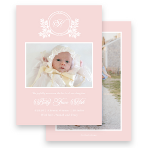 Girl's Pink Botanical Crest Portrait Birth Announcement