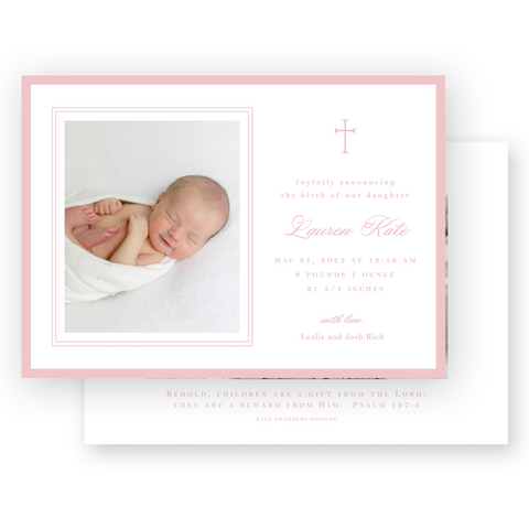 Girl's Pink Cross with Double Border Landscape Birth Announcement