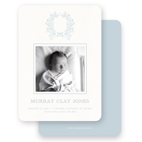 Boy's Blue Vintage Wreath with Bow Birth Announcement