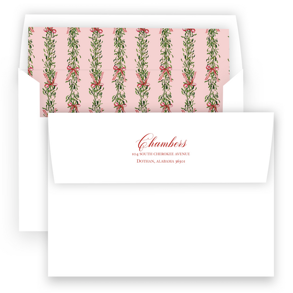 Red & Pink Border with Mistletoe Garland Portrait Holiday Card