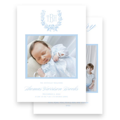 Blue Monogram Wreath Holiday Card / Birth Announcement