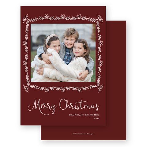 Maroon and Blush Pink Floral Border Portrait Holiday Card