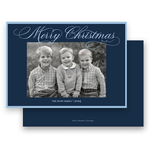 Navy and Blue Classic Calligraphy "Merry Christmas" Landscape Holiday Card