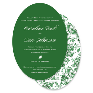 Green Chinoiserie Botanical Print Oval Rehearsal Dinner Invitation