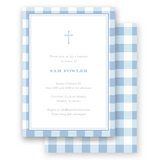 Blue Two-Tone Gingham with Simple Cross Baptism Invitation