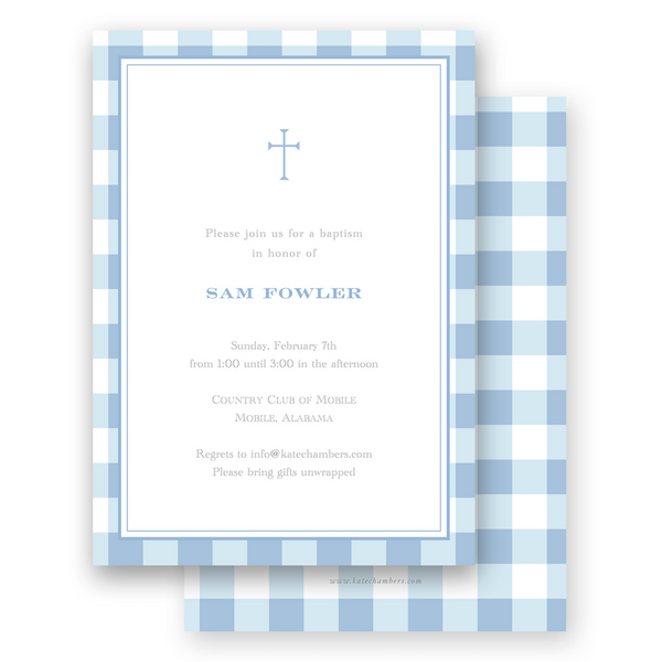 Blue Two-Tone Gingham with Simple Cross Baptism Invitation
