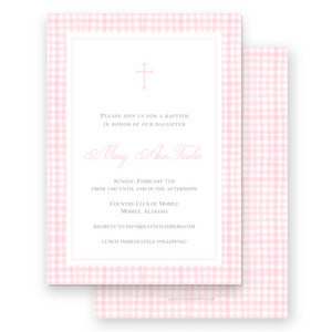 Pink Gingham Border with Cross Baptism Invitation