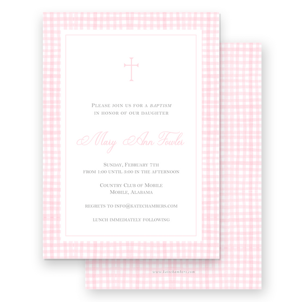 Pink Gingham Border with Cross Baptism Invitation