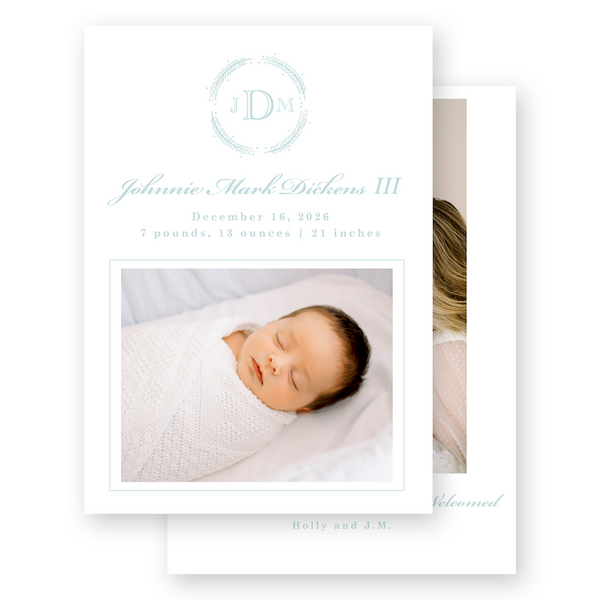 Boy's Blue Monogram Feather Wreath Birth Announcement