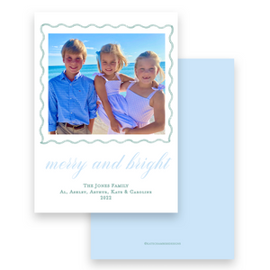 Blue and Green "Merry and Bright" Wavy Border Portrait Holiday Card