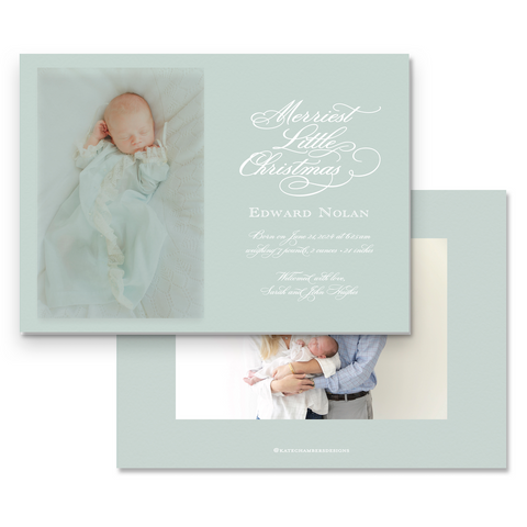 Simple Teal "Merriest Little Christmas" Landscape Holiday Card / Birth Announcement