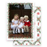 Watercolor Red Berry Holly Garland Portrait Holiday Card