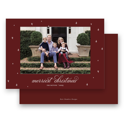 Maroon and Blush Pink Stars "Merriest Christmas" Landscape Holiday Card