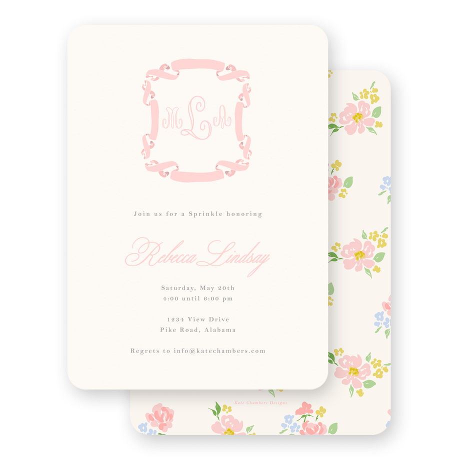 Watercolor Pink Ribbon with Florals Baby Shower Invitation