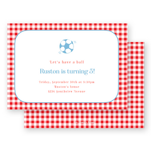 Red and Blue Gingham Soccer Ball Birthday Party Invitation