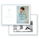 Watercolor Bell with Blue Bow and Ornaments Landscape Holiday Card