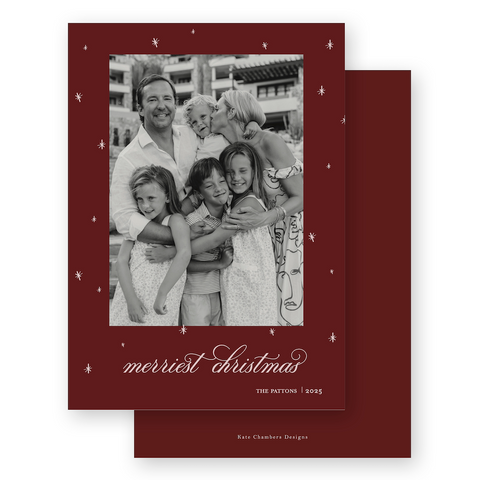 Maroon and Blush Pink Stars "Merriest Christmas" Portrait Holiday Card