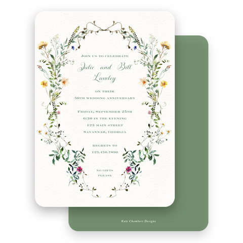 Watercolor Oval Floral Crest Anniversary Party Invitation