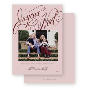 Blush Pink and Maroon Script "Joyeux Noel" Portrait Holiday Card