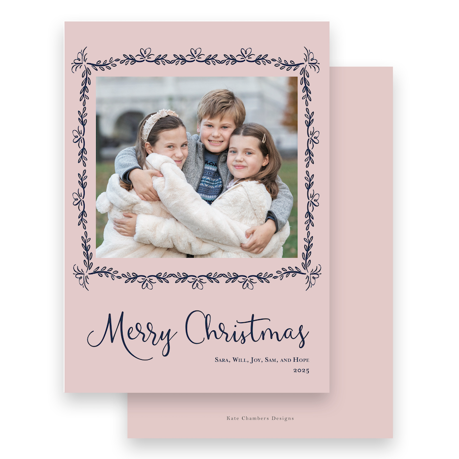 Blush Pink with Navy Floral Border Portrait Holiday Card