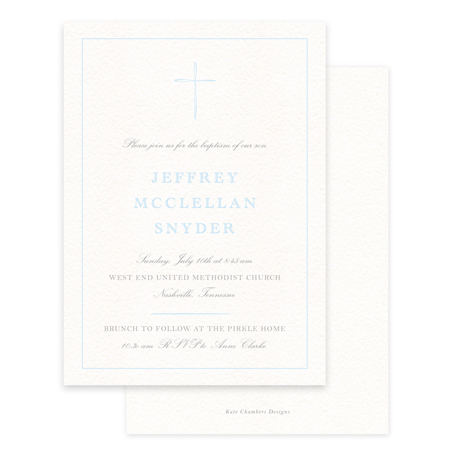 Baby Blue Brush Cross Baptism Invitation