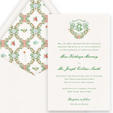 Green Floral Watercolor Crest with Trellis Empire Script Wedding Invitation