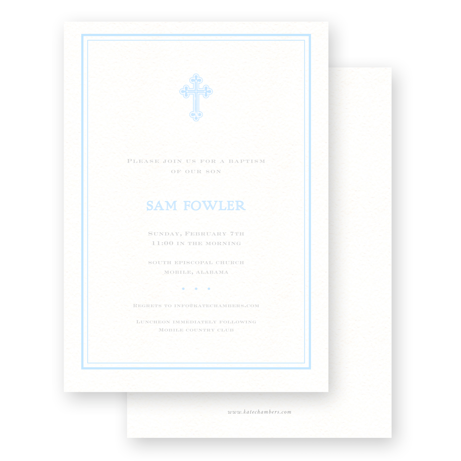 Baby Blue Simple Border with Cross Baptism Invitation