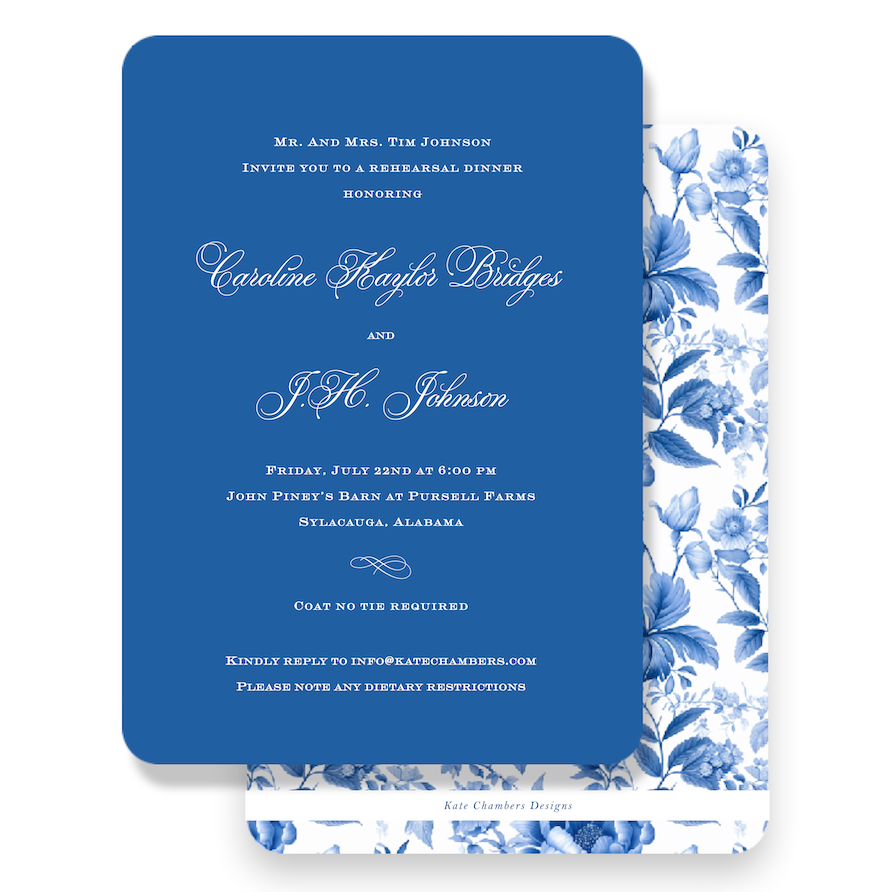 Classic Blue with Rose Floral Rehearsal Dinner Invitation