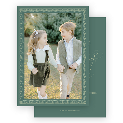 Green Greek Key Portrait Holiday Card