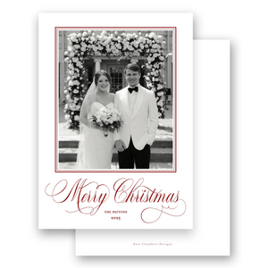 Red Classic Calligraphy with Simple Border "Merry Christmas" Portrait Holiday Card