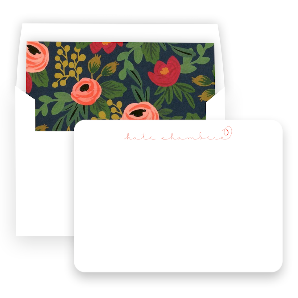 Navy and Coral Rose Lined Square Flap Women's Stationery